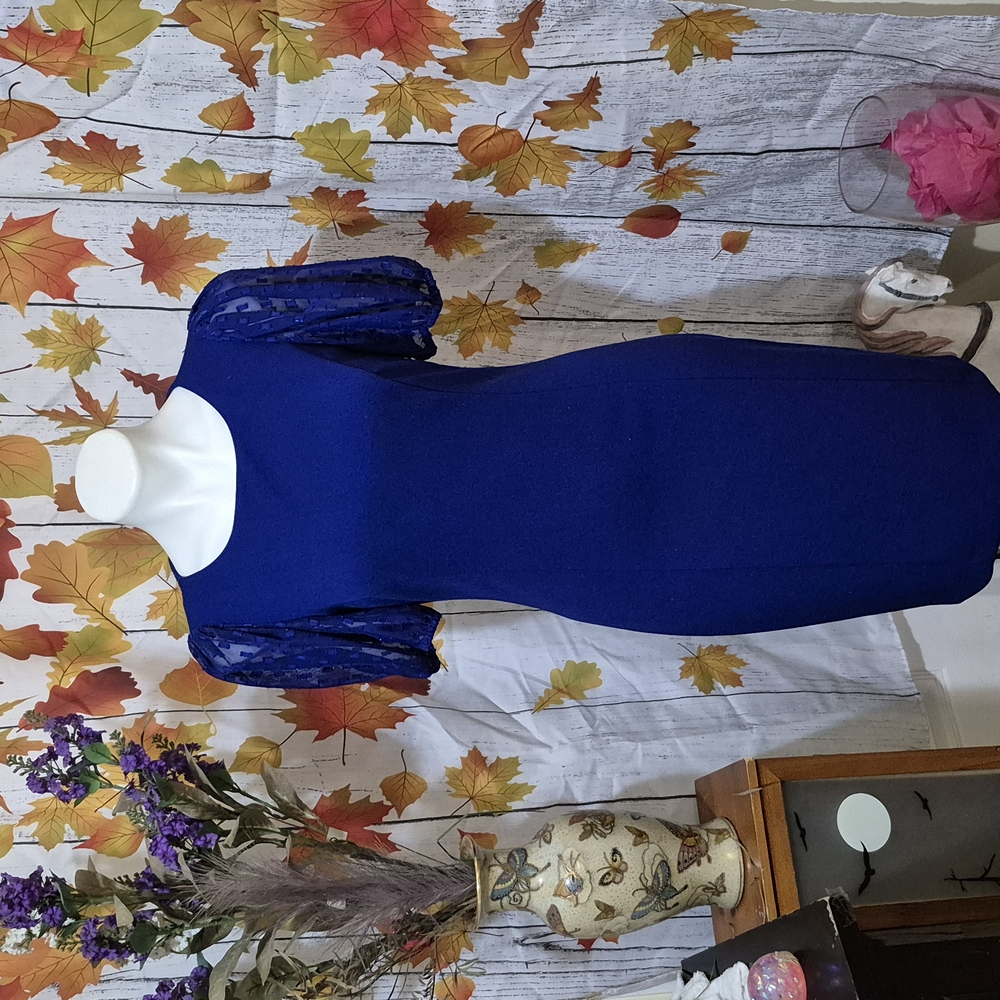 Dkny Blue Sheath Midi Dress Sleeveless Crew Neck